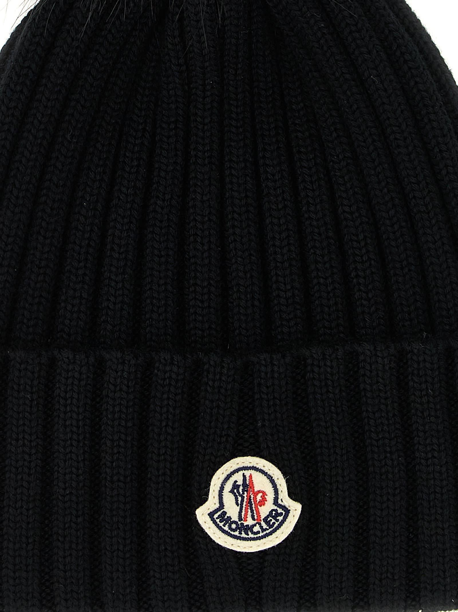 Moncler Ribbed Knit Wool Beanie With Faux Fur Pom-pom In Black