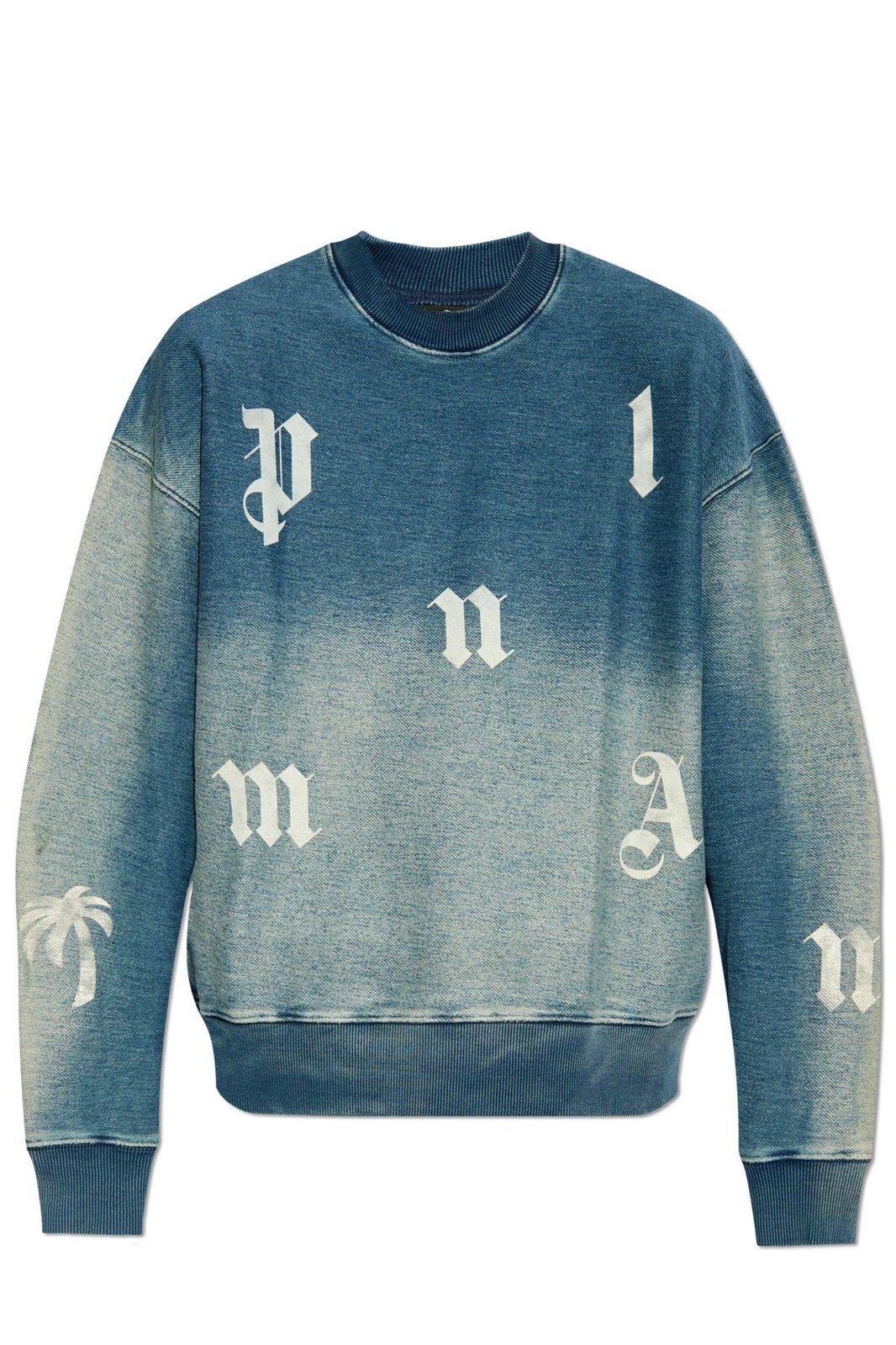 Shop Palm Angels Logo Printed Crewneck Sweatshirt In Azzurro