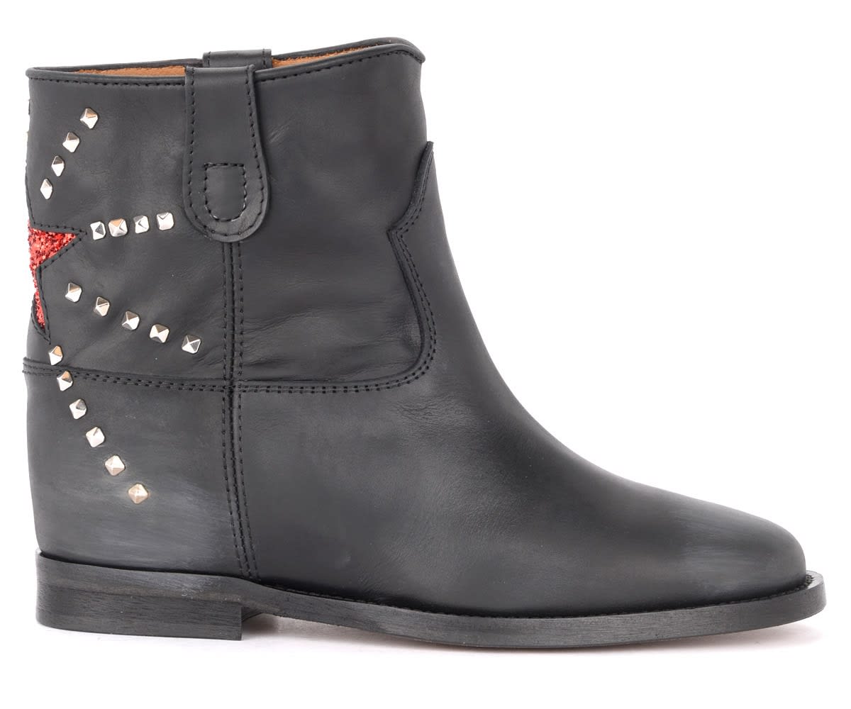Via Roma 15 Ankle Boot In Black Leather With Red Lurex Star In Nero