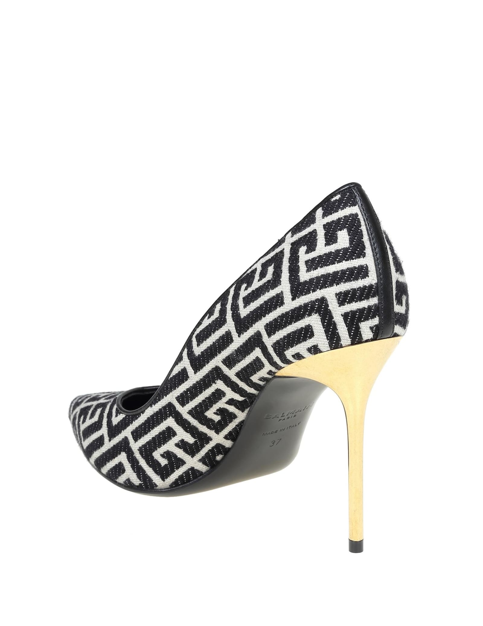 Shop Balmain Pump Decollete In Monogram Fabric In Ivoire/noir