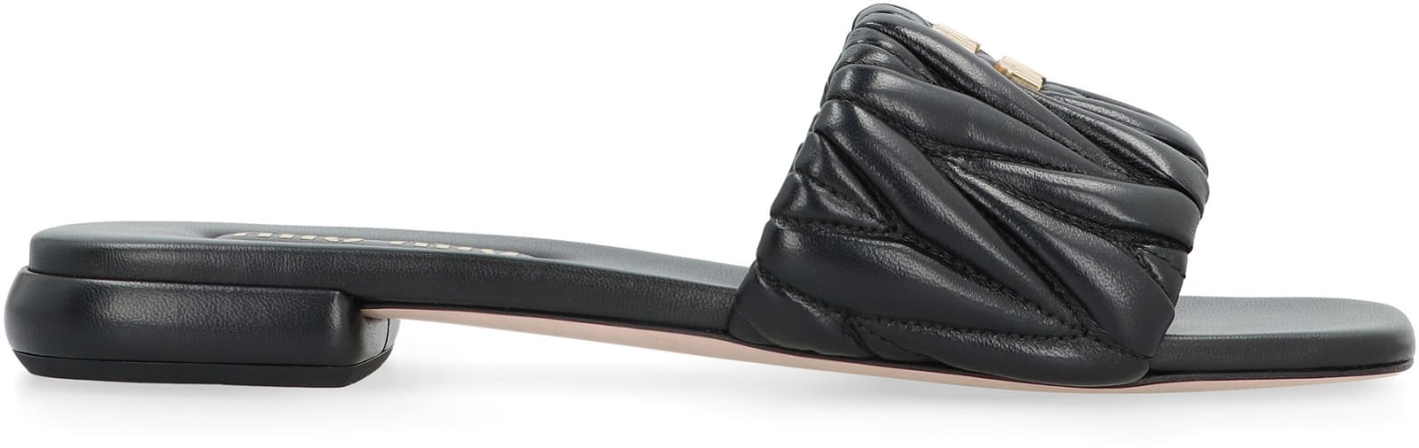 Shop Miu Miu Leather Slides In Black