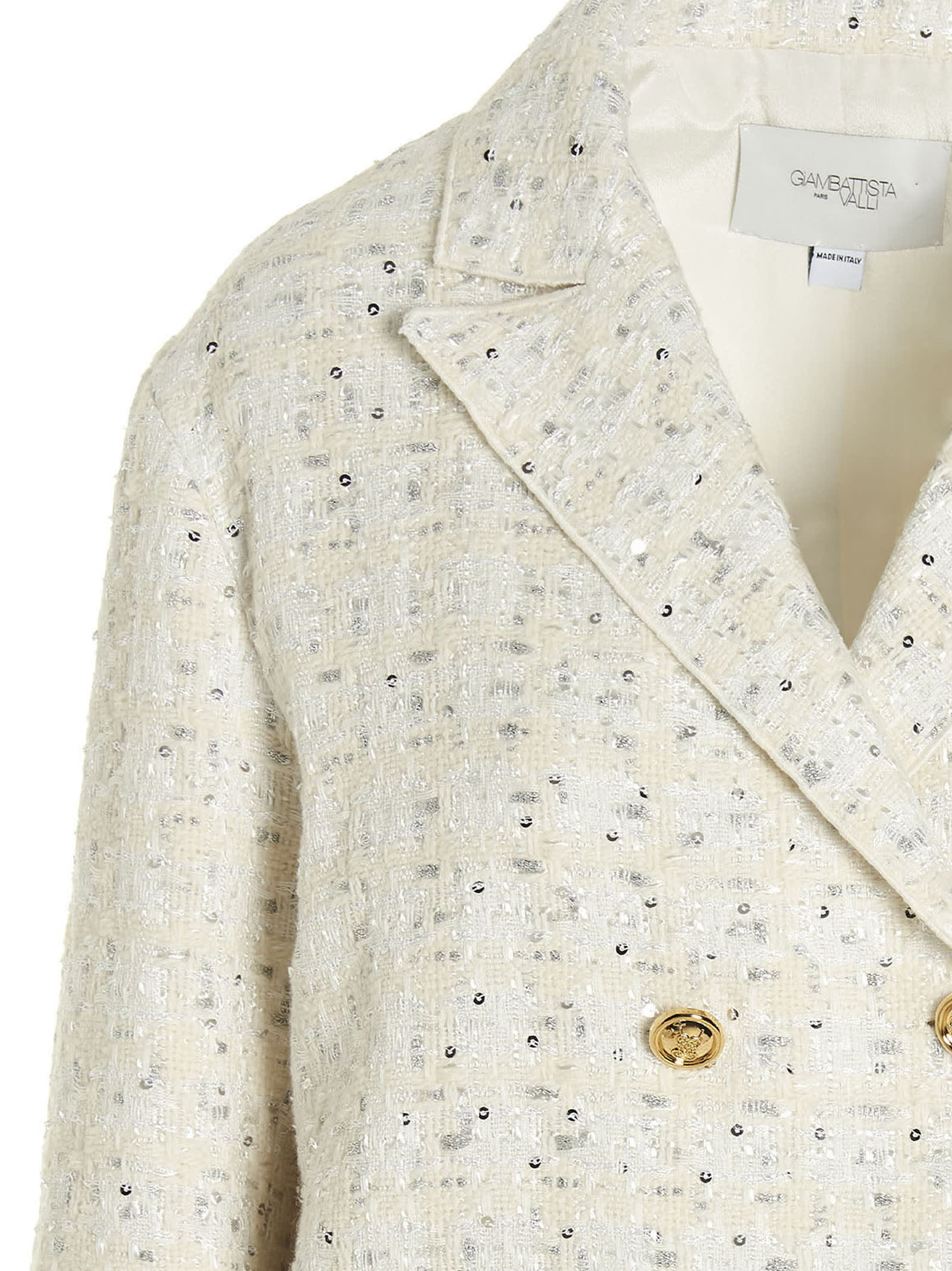 Shop Giambattista Valli Double Breast Sequin Blazer Jacket In White