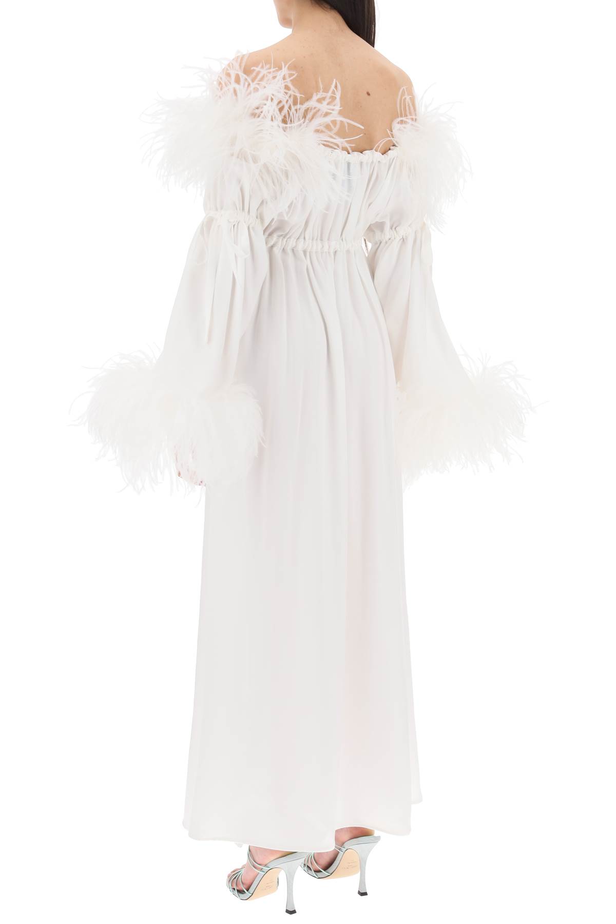Shop Art Dealer Bettina Maxi Dress In Satin With Feathers In White (white)