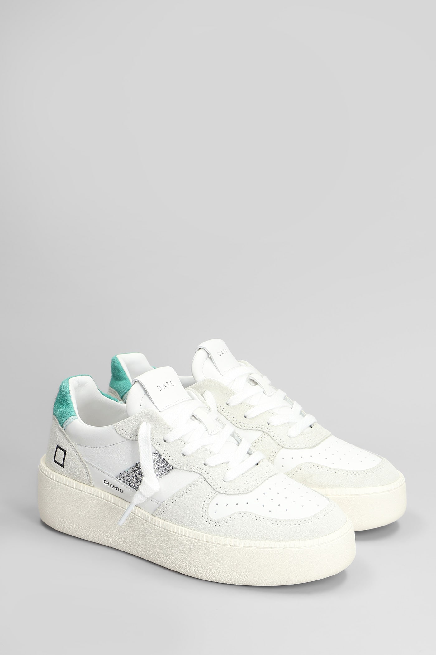 Date Court Platform Sneakers In White Leather And Fabric In Green