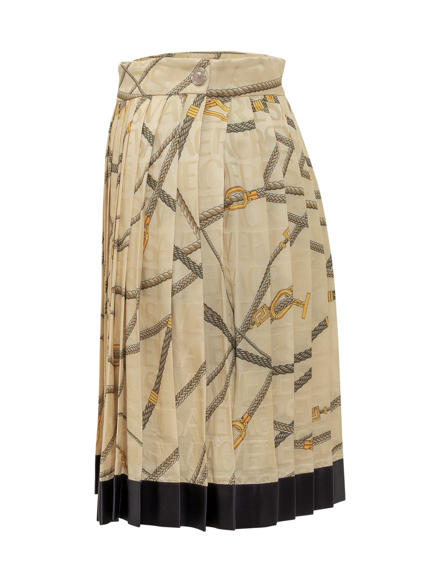 Versace Multicolor Pleated Mini Skirt With All-over Logo Print In Sand Gold