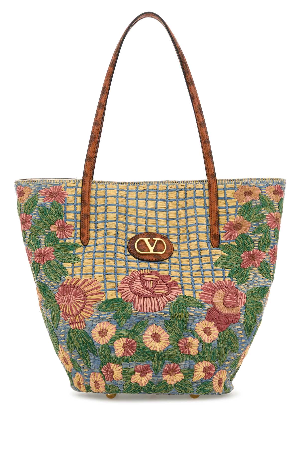 Valentino Garavani Embroidered Raffia Vlogo Signature Shopping Bag In Multi