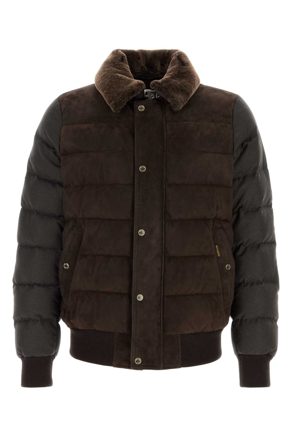 Moorer Viani Suede Padded Jacket With Shearling Collar In Brown
