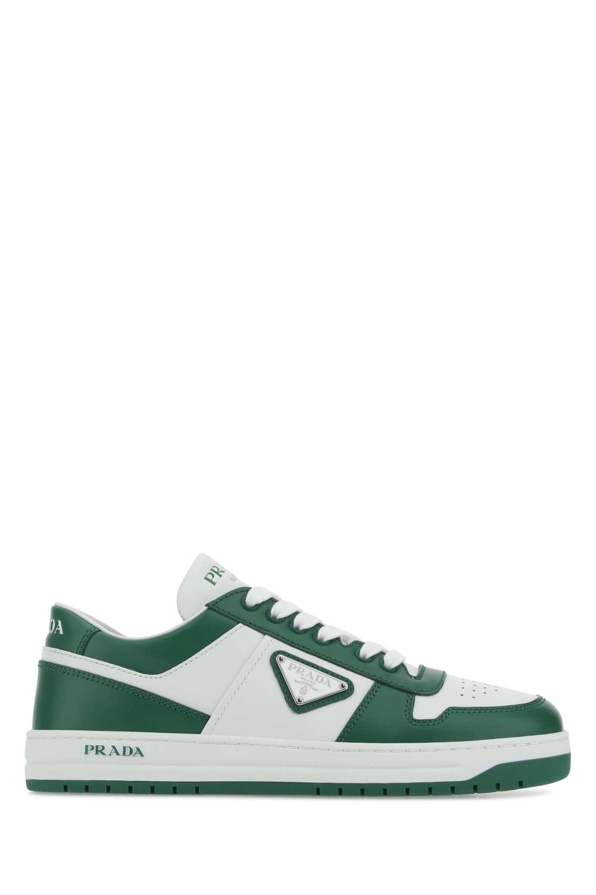 Shop Prada Two-tone Leather Downtown Sneakers In Bianco+mango