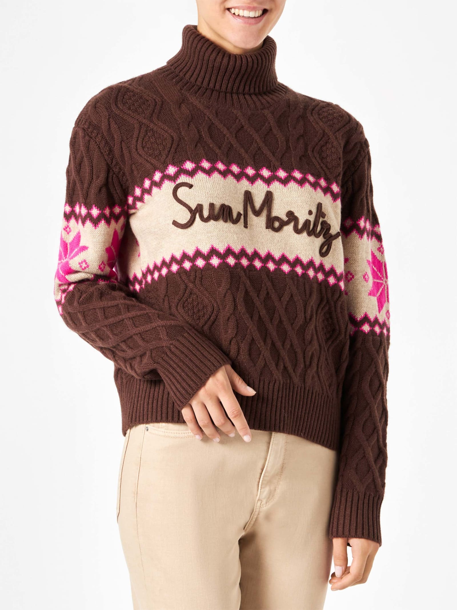 Shop Mc2 Saint Barth Woman Half-turtleneck Sweater With Sun Moritz Lettering In Brown