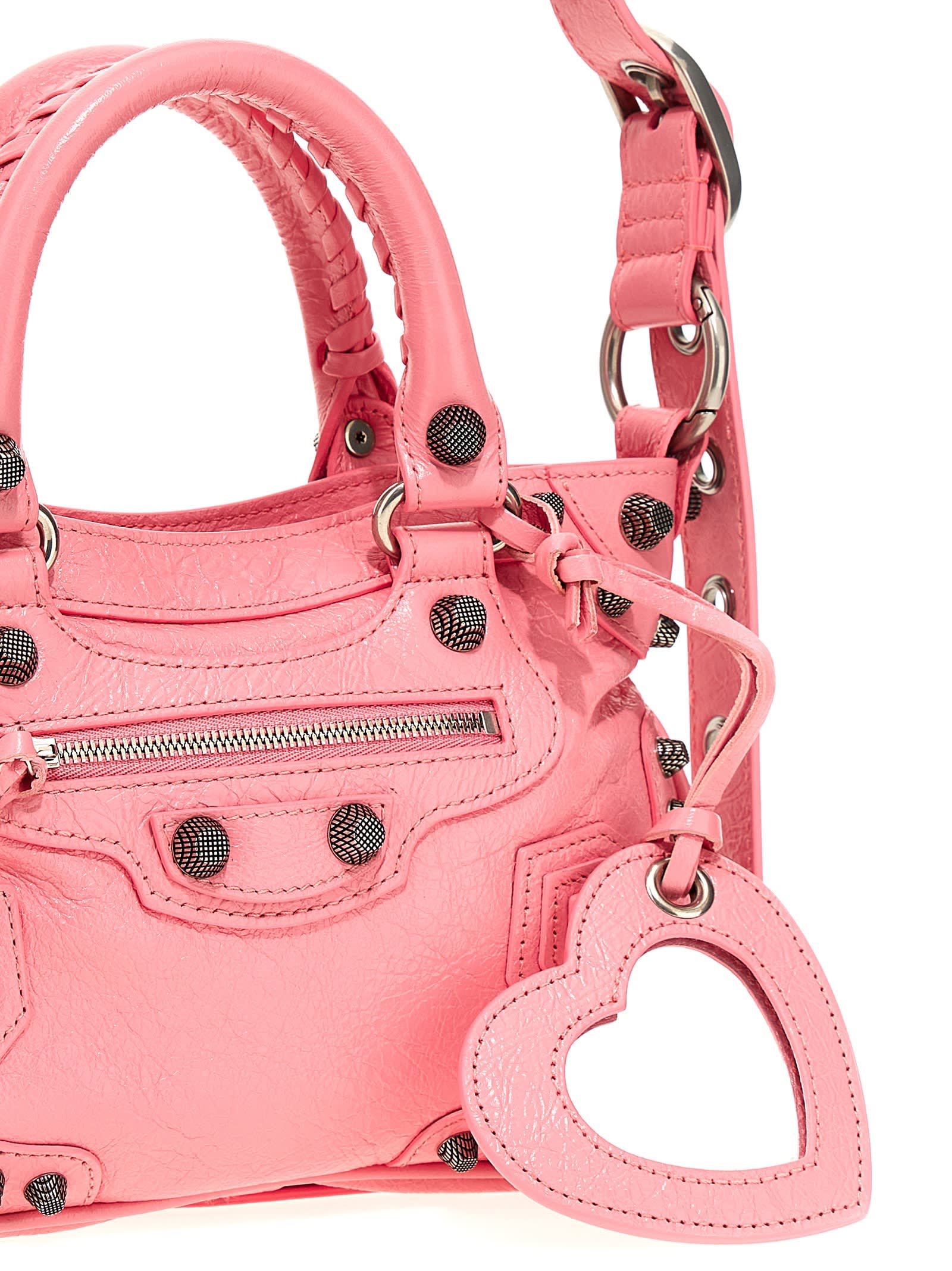 Balenciaga Green Leather Shoulder Handbag With Magnetic Closure And Metal Details In Pink
