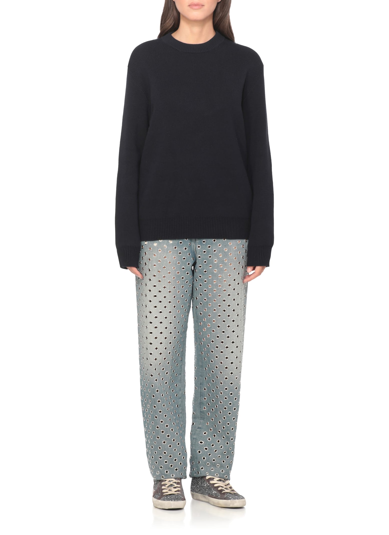 Golden Goose Black Merino Wool Sweater With Golden Applications For Women In Blue
