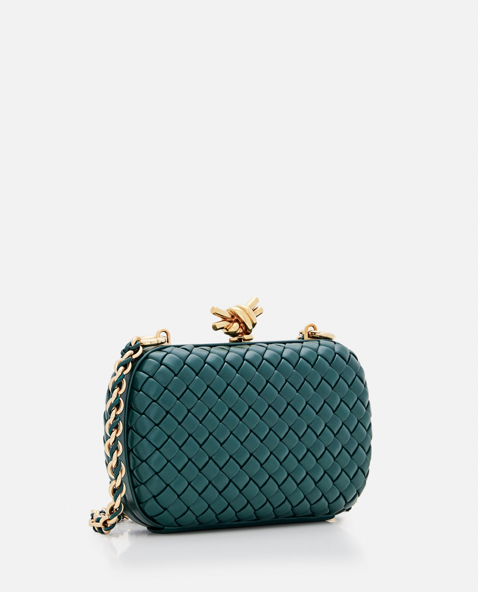 Shop Bottega Veneta Knot Leather Clutch Bag W/chain In Emerald Green-m Bras