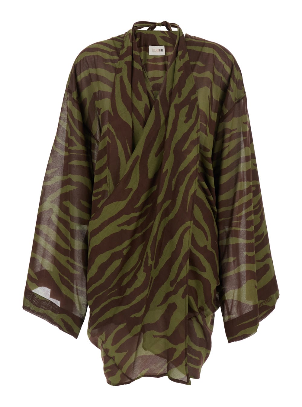 The Attico Green Mini Dress With Plunging V Neck And All-over Print In Cotton Woman