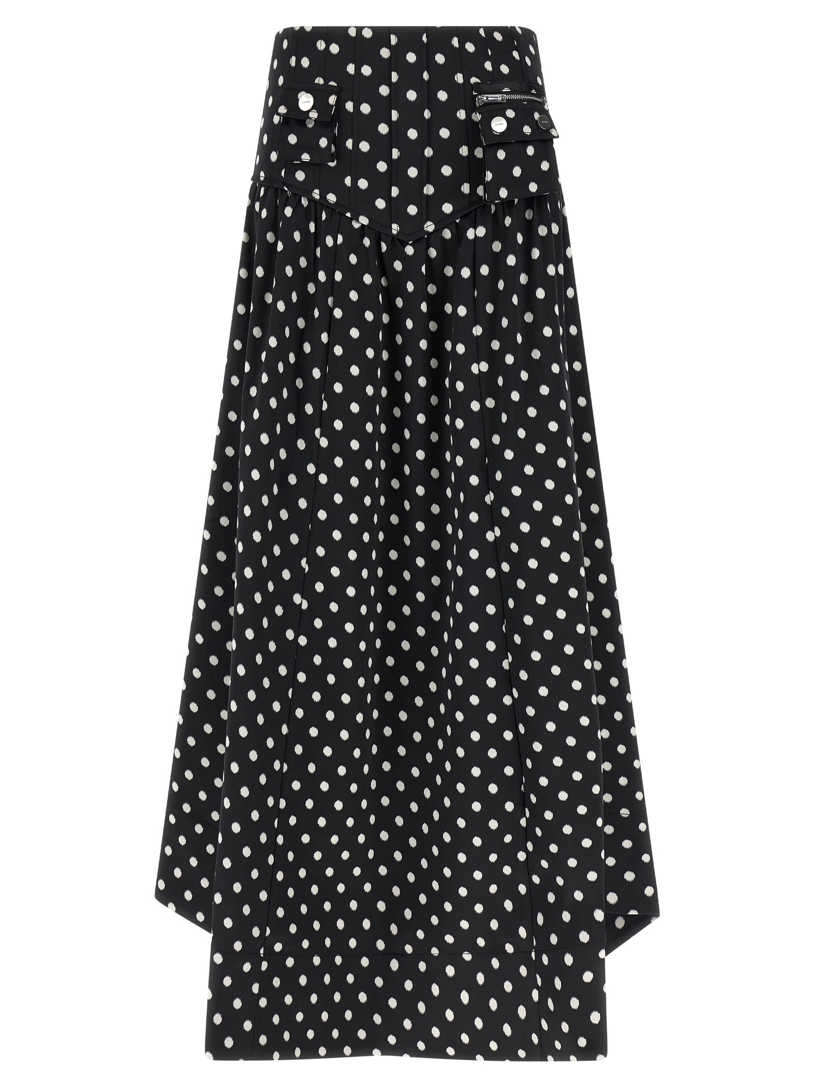 Ganni Gathered Polka-dot Recycled Satin Midi Skirt In Black