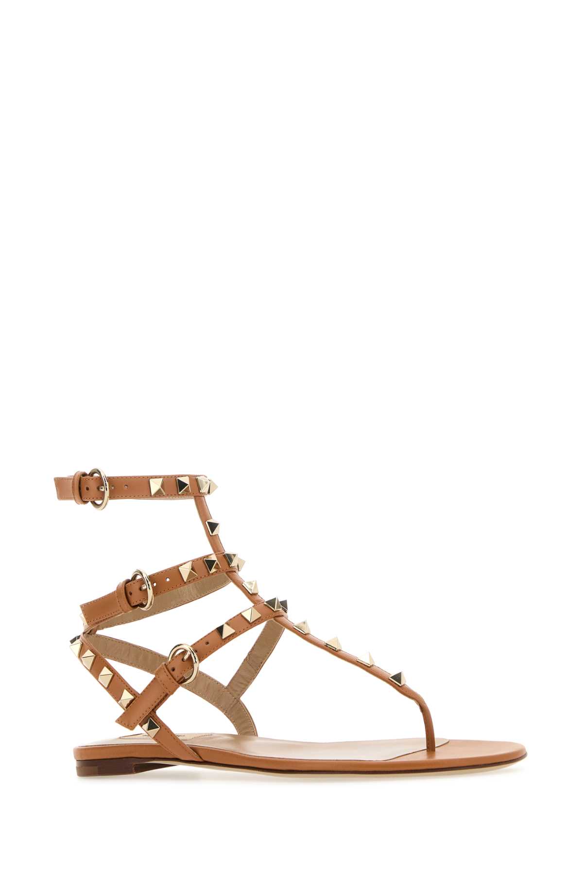 Shop Valentino Camel Leather Rockstud Thong Sandals In Almondbeige