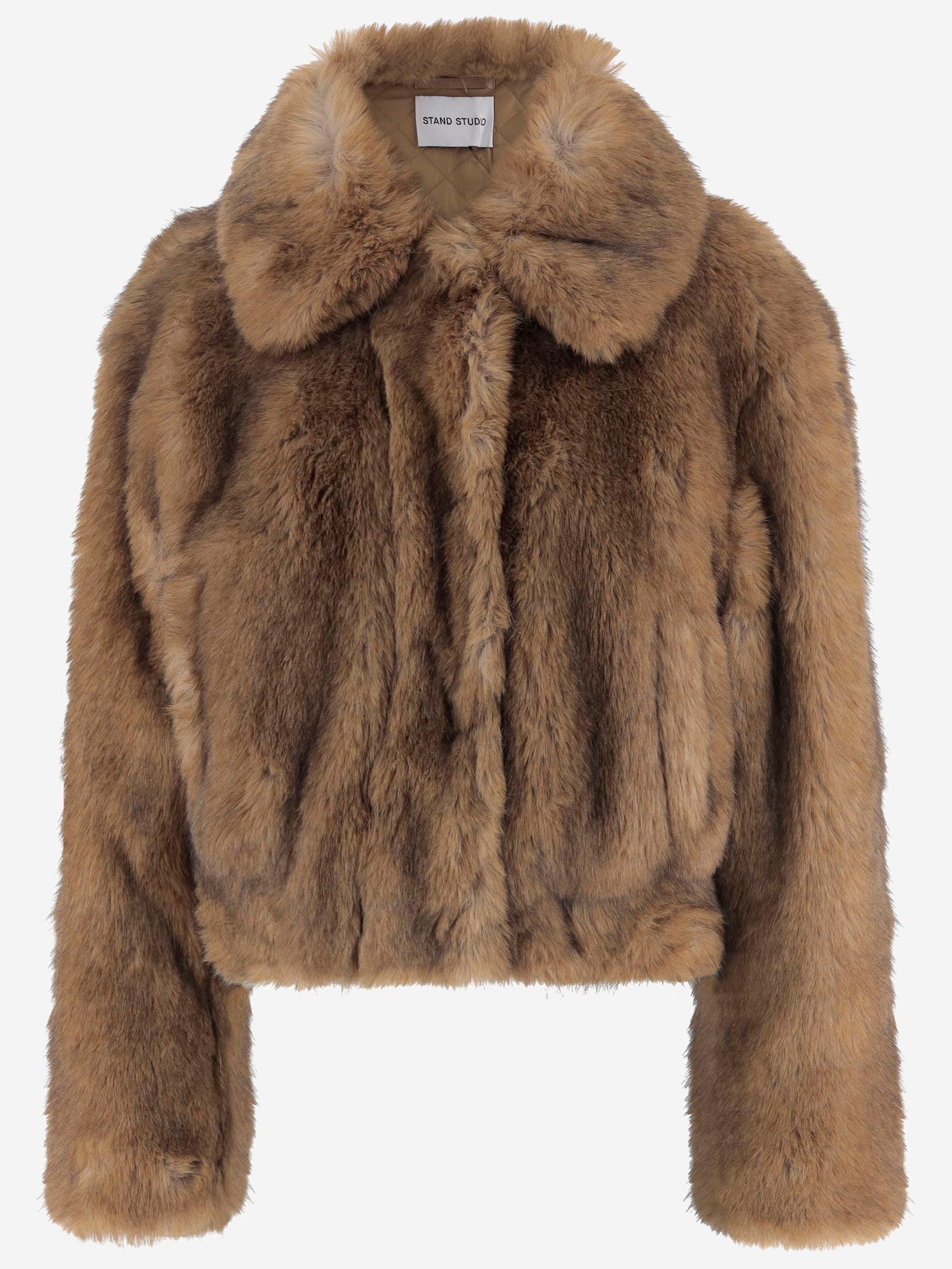 Stand Studio Cropped Faux Fur Jacket With Rounded Collar In Brown