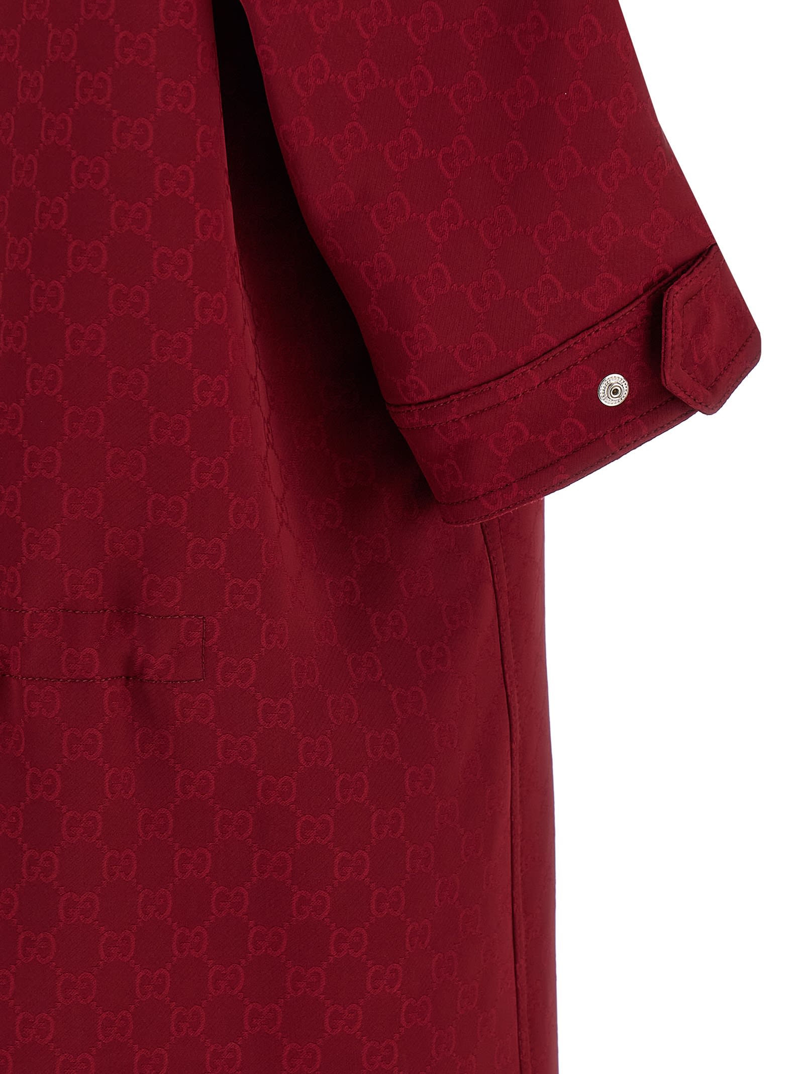 Gucci Bordeaux Coat With Adjustable Stand-up Collar And Drawstring Waist In Gg Canvas Woman In Red