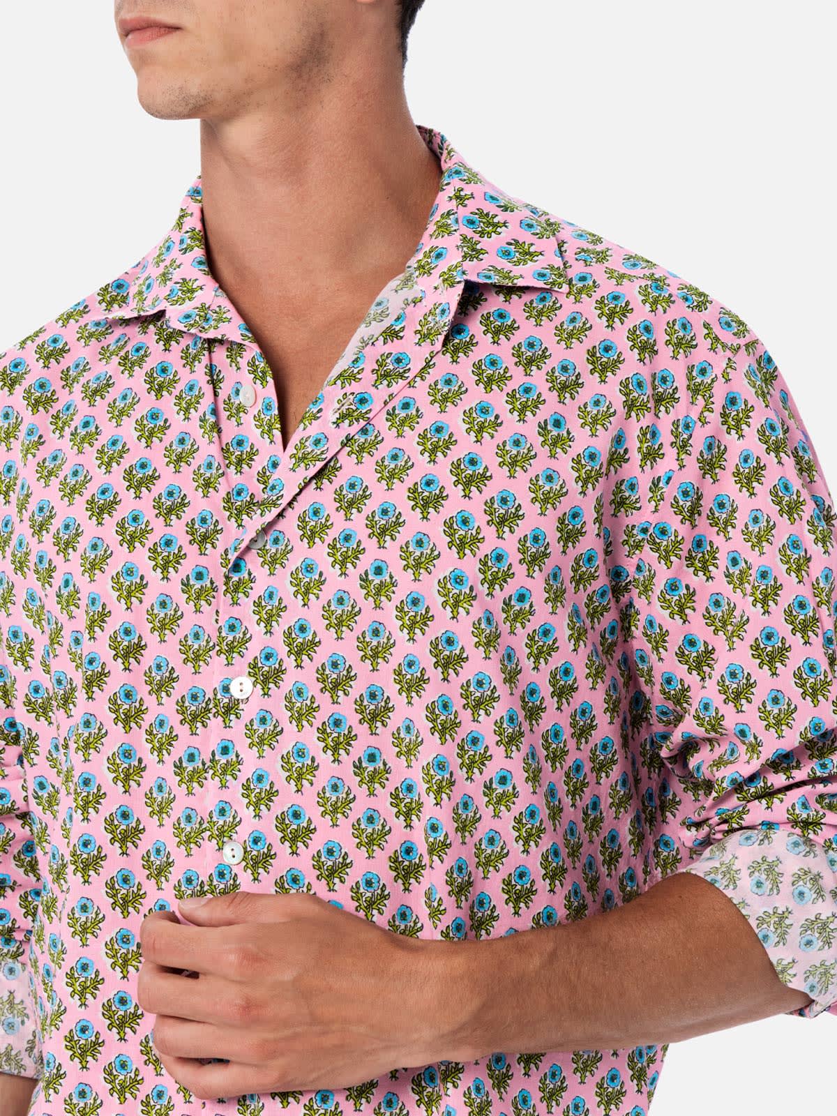 Mc2 Saint Barth Man Muslin Cotton Shirt Sikelia With Radical Flower Print In Pink