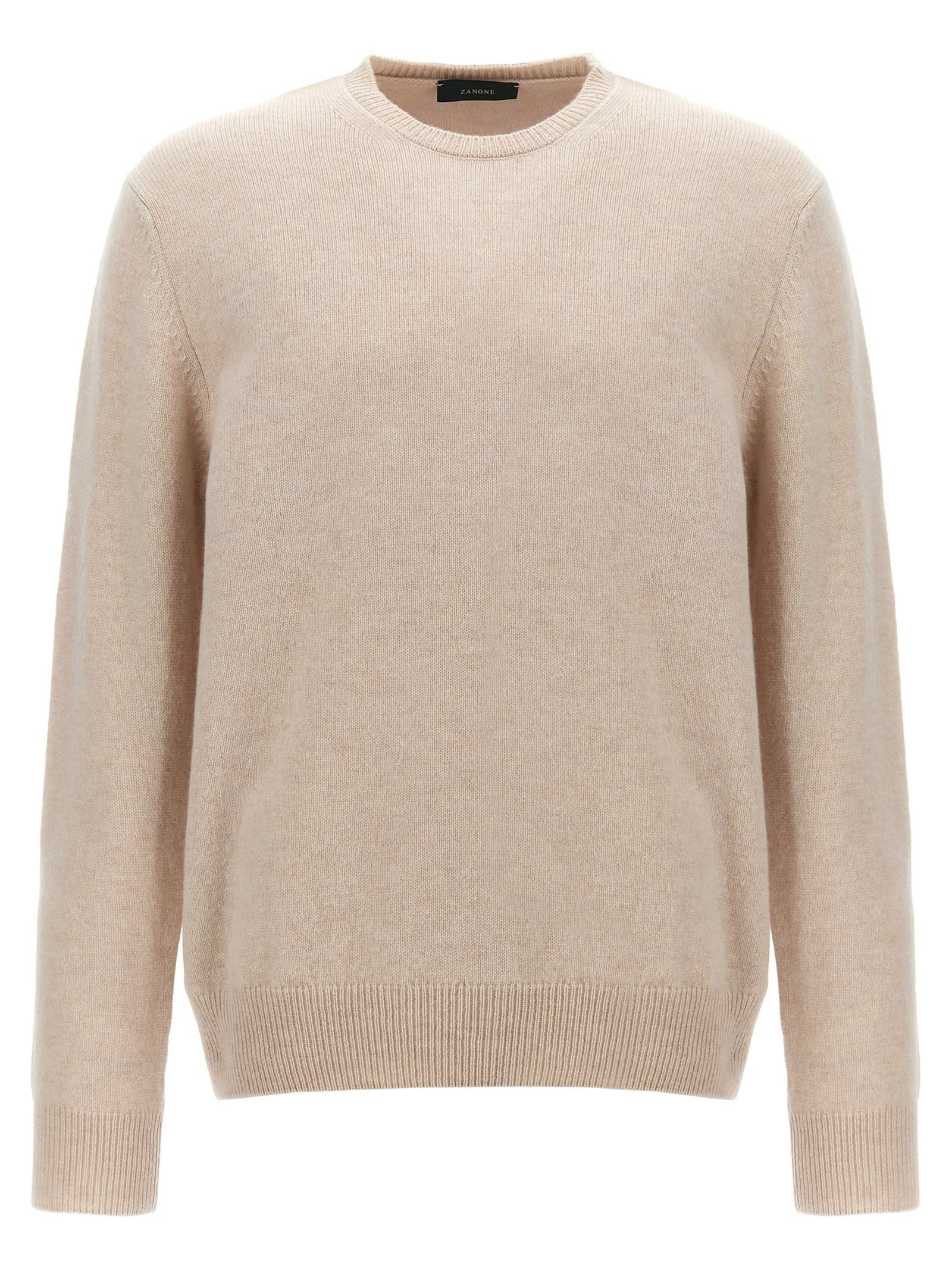 Zanone Ribbed Wool Crewneck Sweater With Cuffed Sleeves In Neutral