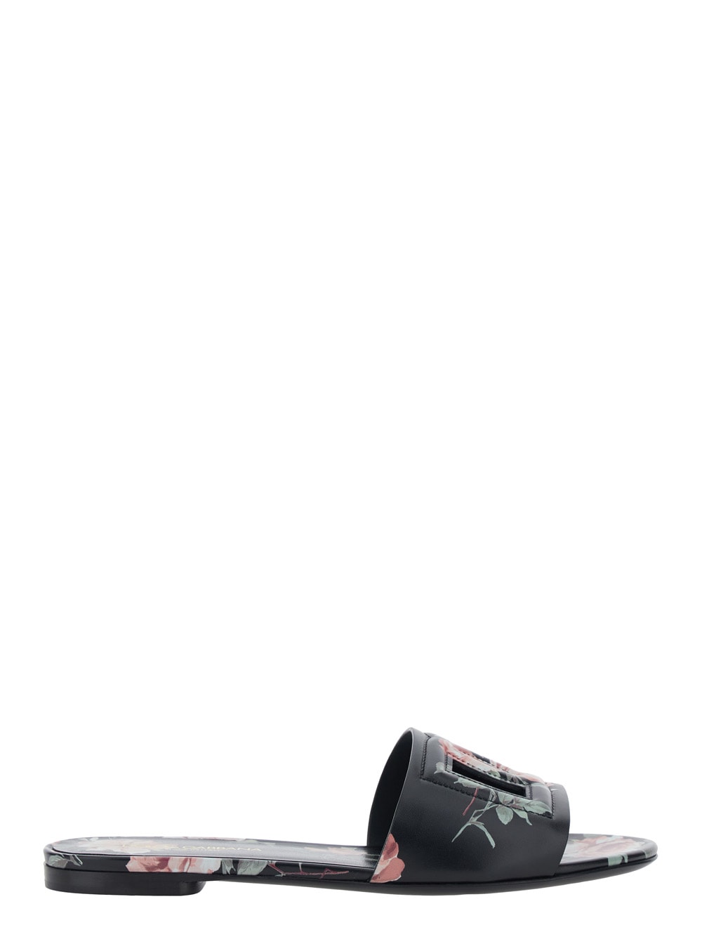 Dolce & Gabbana Black Slide Sandals With Cut Out Logo And Floral Motif In Leather Woman