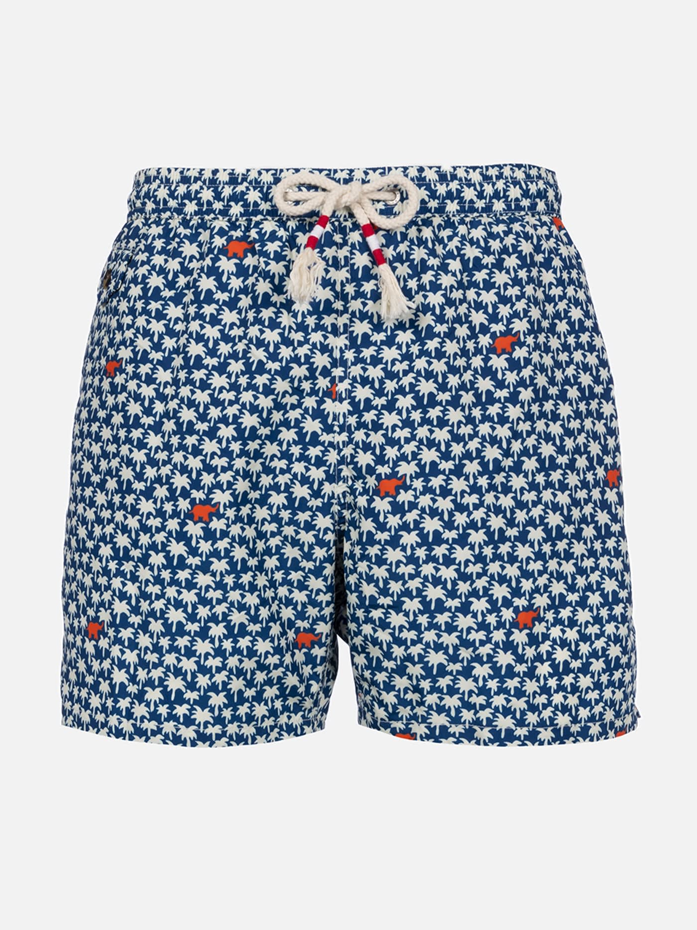 Mc2 Saint Barth Man Lightweight Fabric Swim-shorts Lighting 70 With Palm Print In Blue