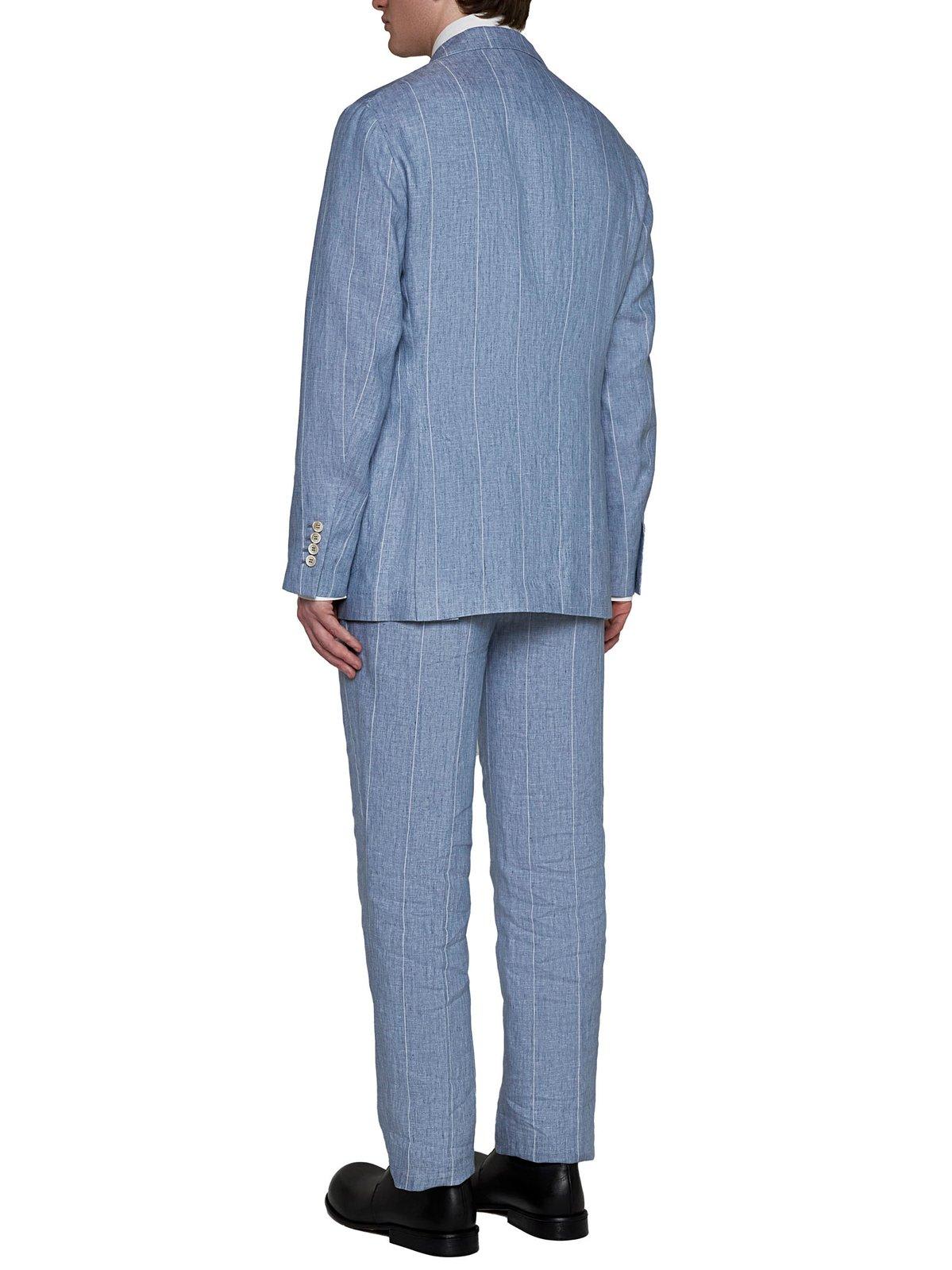 Shop Brunello Cucinelli Double-breasted Striped Tailored Suit In Clear Blue