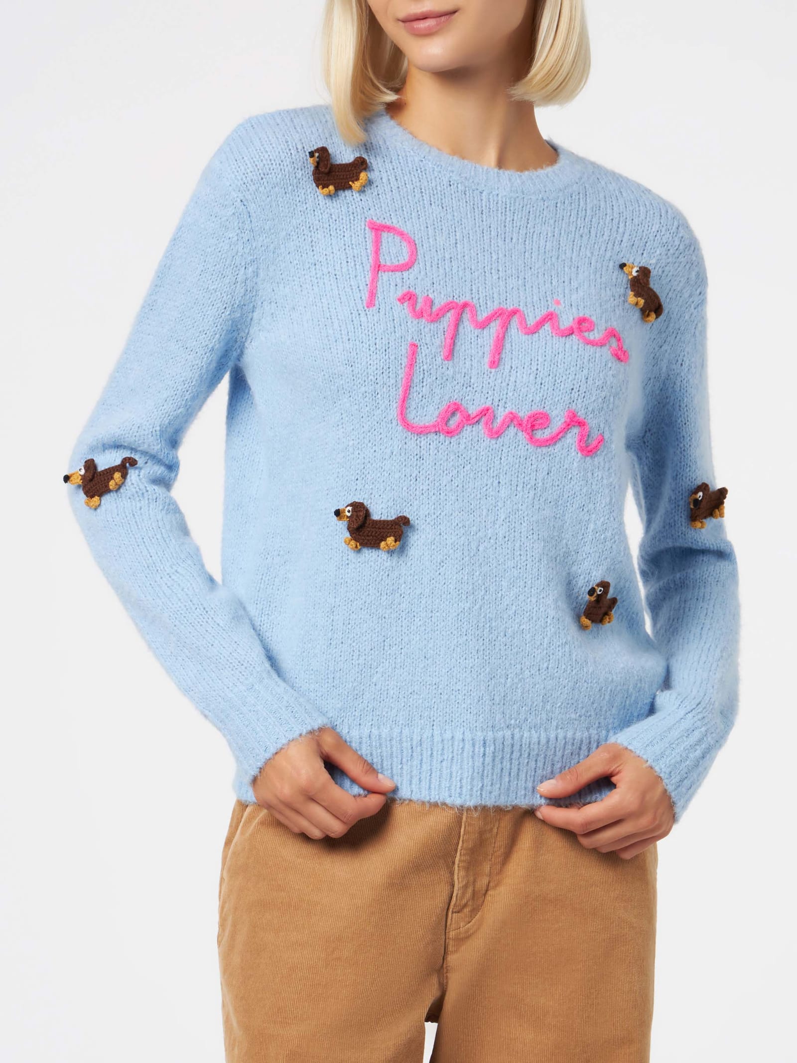 Shop Mc2 Saint Barth Woman Crewneck Soft Sweater With Dogs Crochet Patch And Puppies Lover Embroidery In Sky