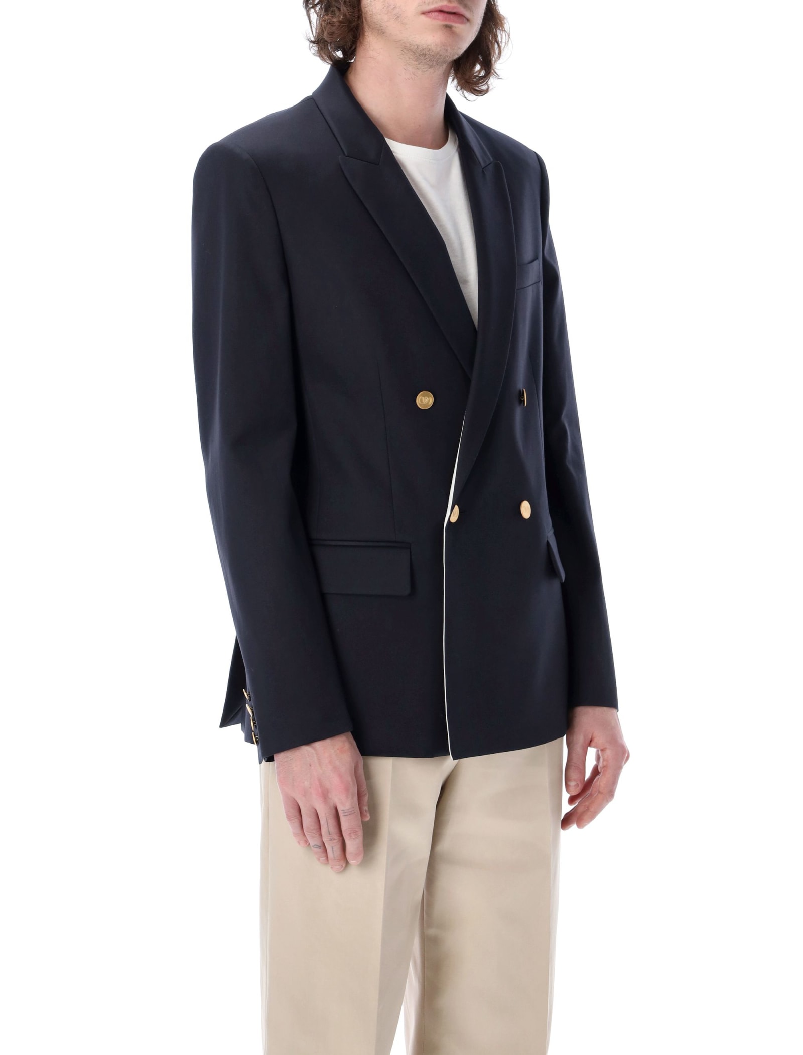 Valentino Drouble-breasted Blazer With Rear Vents In Blue