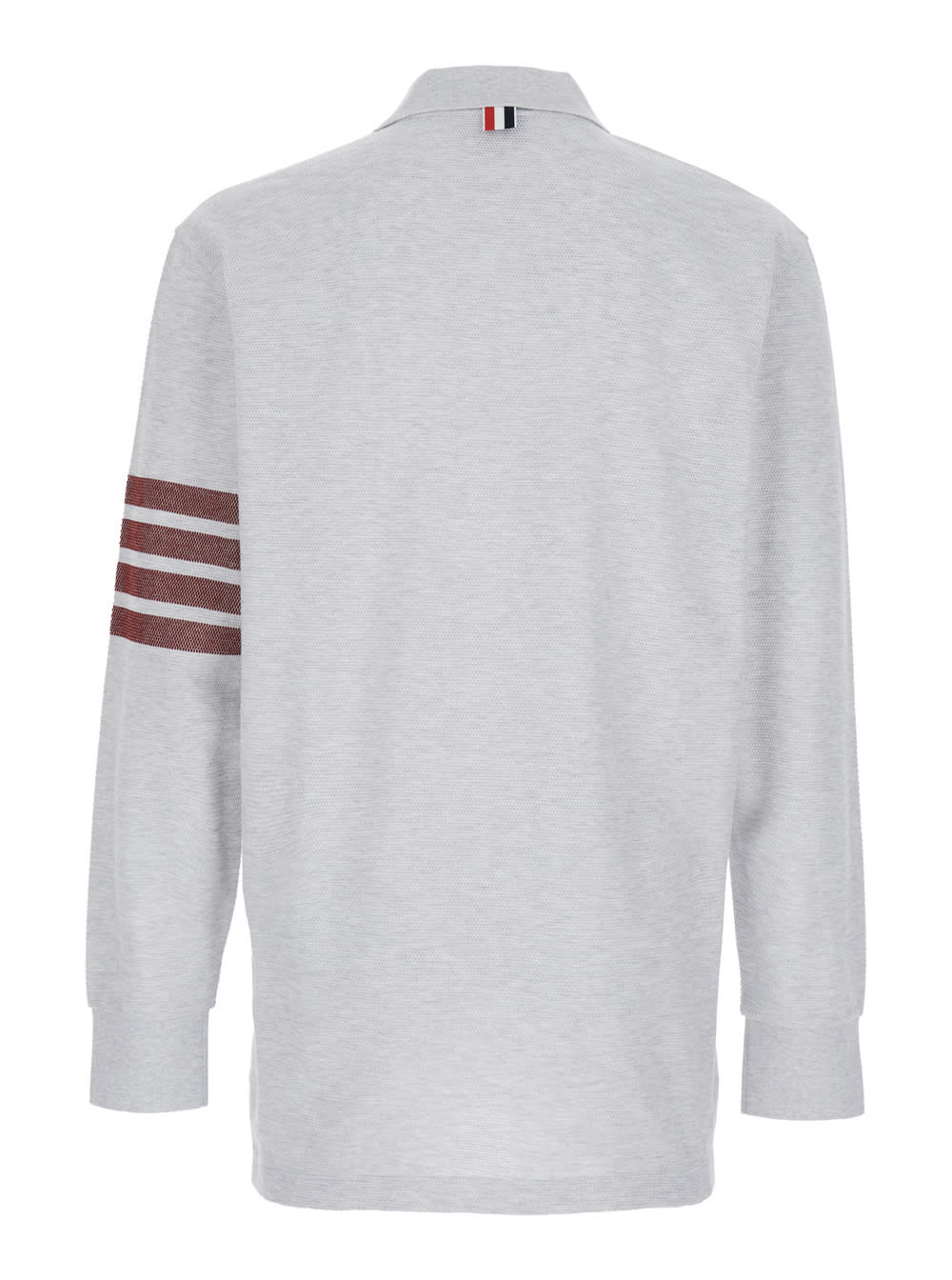 Shop Thom Browne Long Sleeve Polo W/ Knit Chest Pocket In Pique 4 Bar In Grey