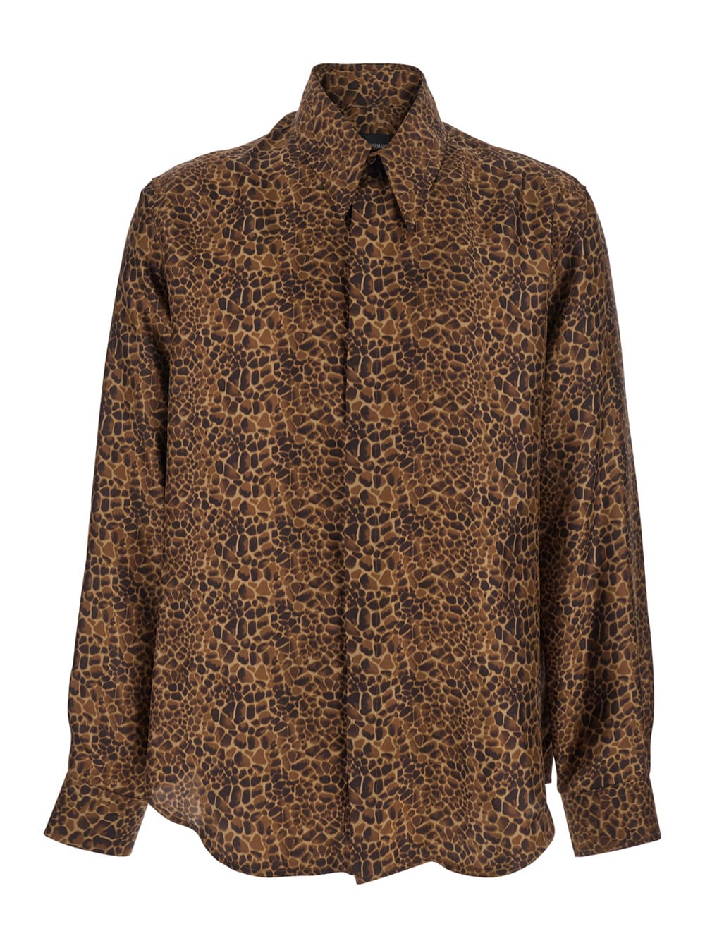 Emporio Armani Brown Shirt With Leopard Print And Pointed Collar In Silk Man In Brown