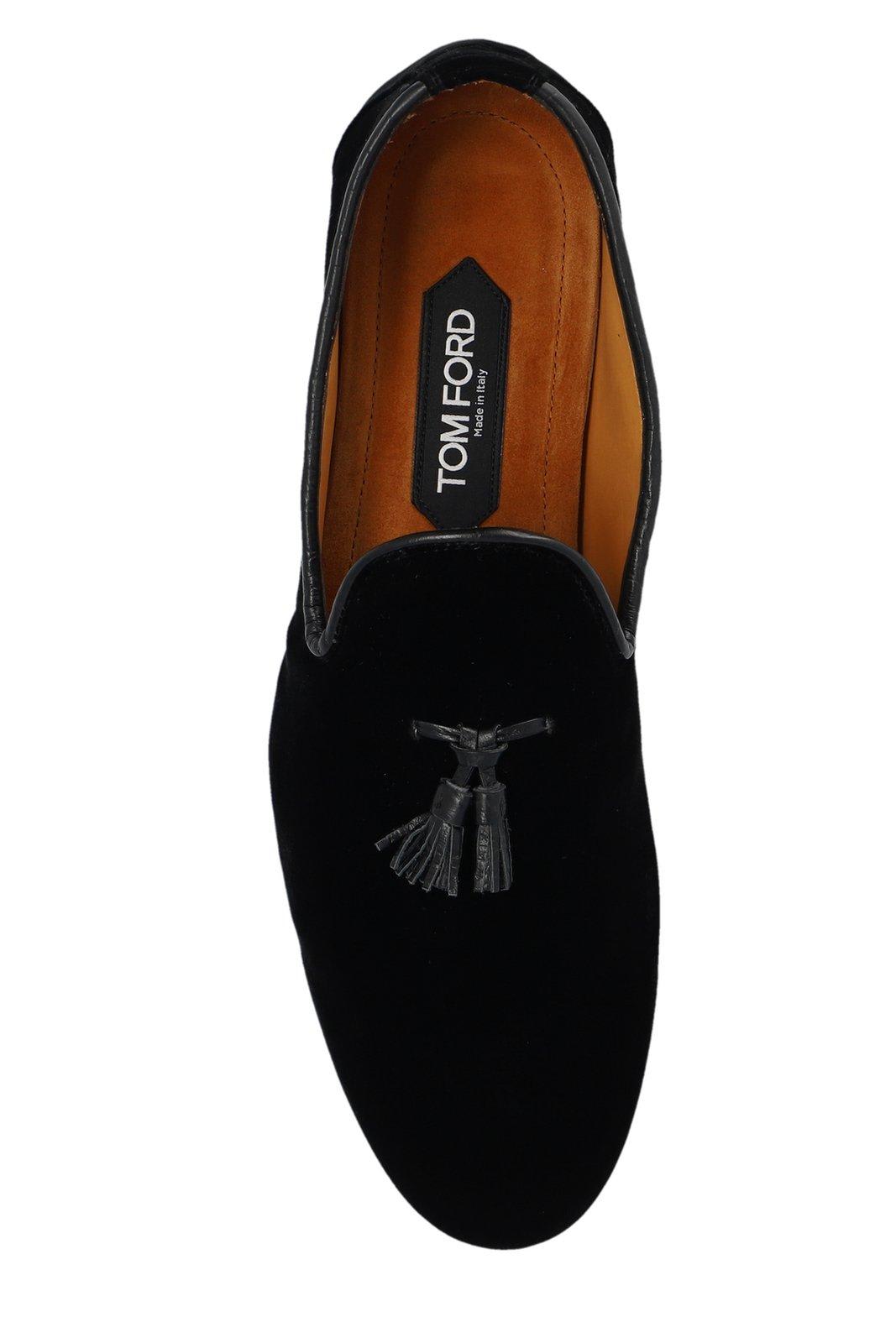 Shop Tom Ford Tassel-detail Almond-toe Velvet Loafers In Black