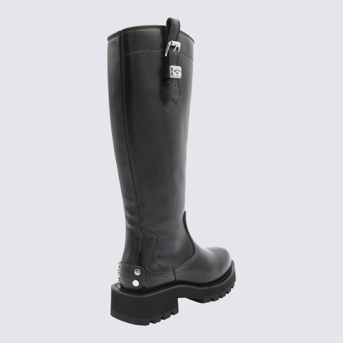 Ganni Buckle Knee-high Leather Lug Round Boots In Black