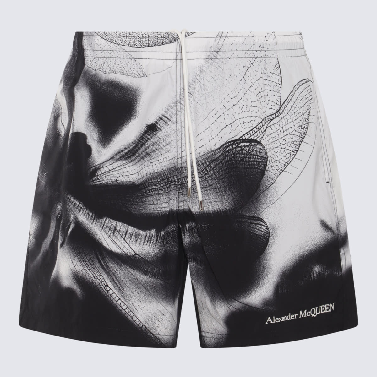 Shop Alexander Mcqueen Black And White Dragonfly Swim Shorts