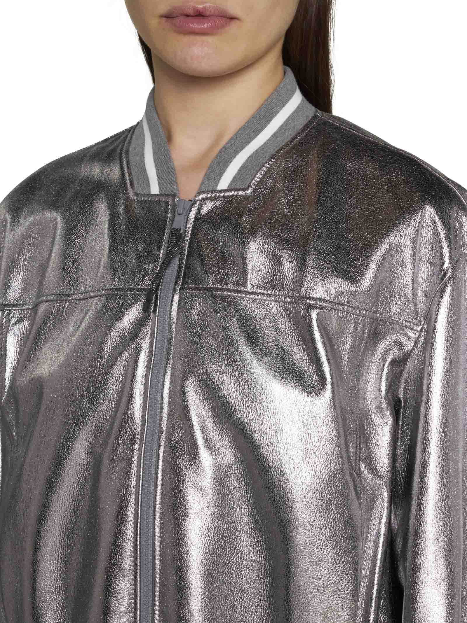 Brunello Cucinelli Laminated Leather Bomber Jacket Puffer Jackets Silver In Metallic