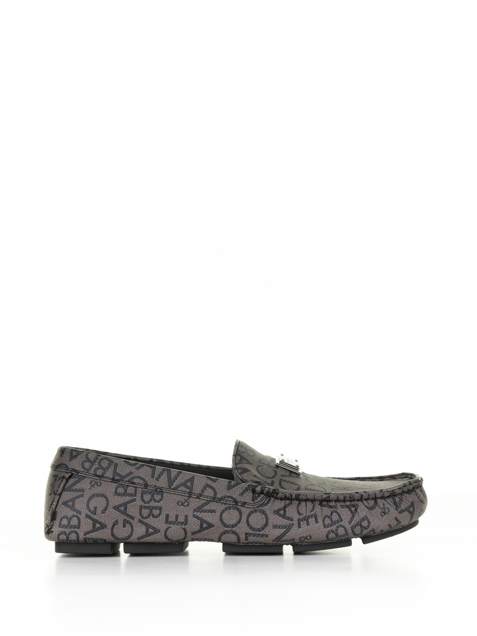 Dolce & Gabbana Driver Moccasin In Leather With All-over Logo In Marrone Nero