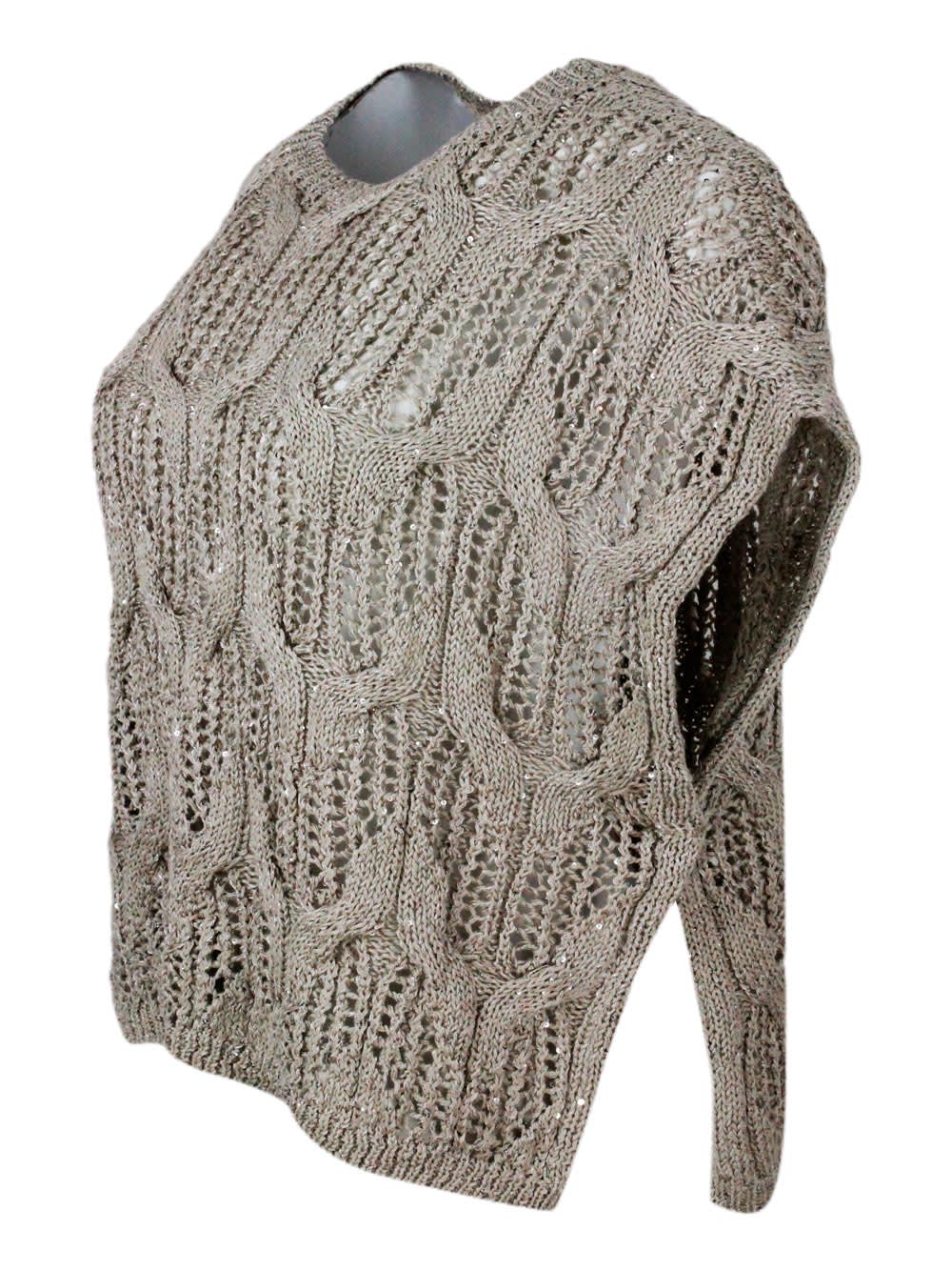 Shop Antonelli Sleeveless Crew-neck Sweater With Cable Knit Embellished With Cotton And Linen Microsequins In Beige