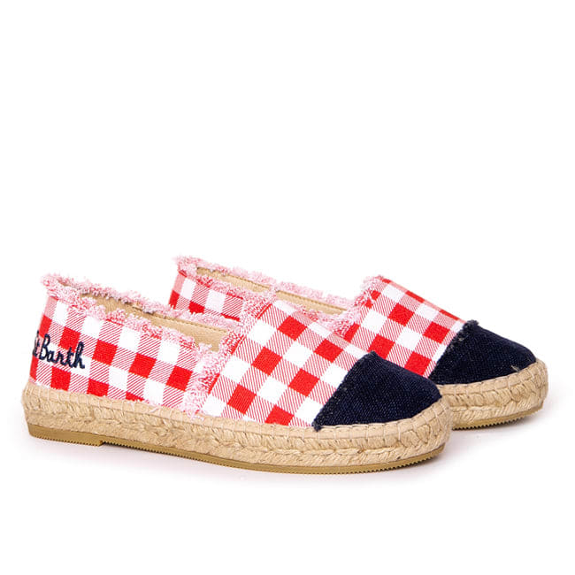 Mc2 Saint Barth Gingham Canvas Espadrillas With Embroidery In Red