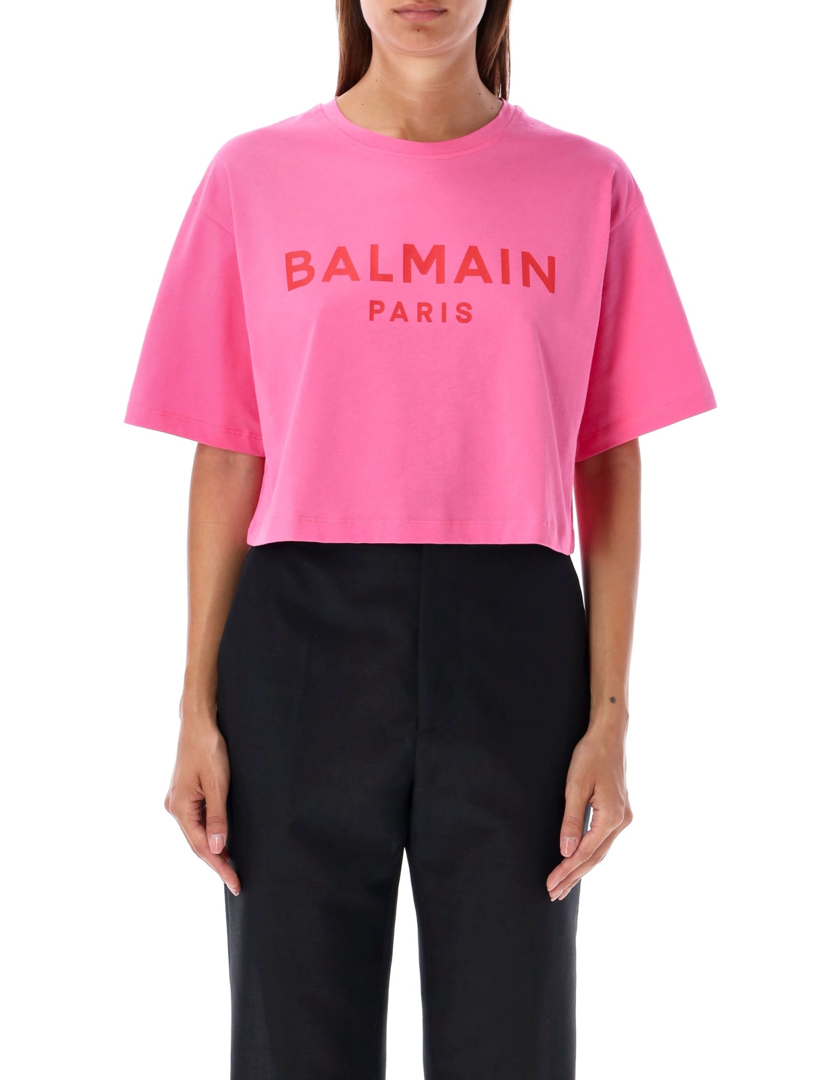 Shop Balmain Cropped Logo T-shirt In Fucsia Rose