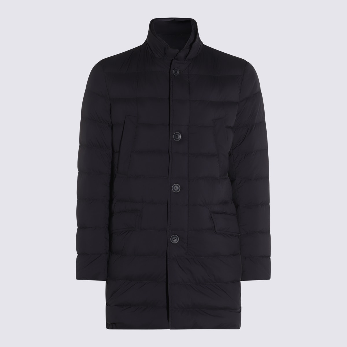 Herno Black Mid-length Quilted Down Jacket In Blue