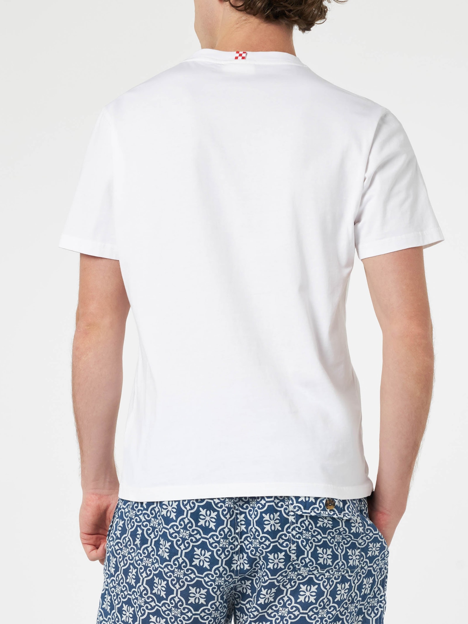 Mc2 Saint Barth Man Cotton T-shirt With Me Ne Vado In Un Lambo Embroidery And Car Placed Print In White