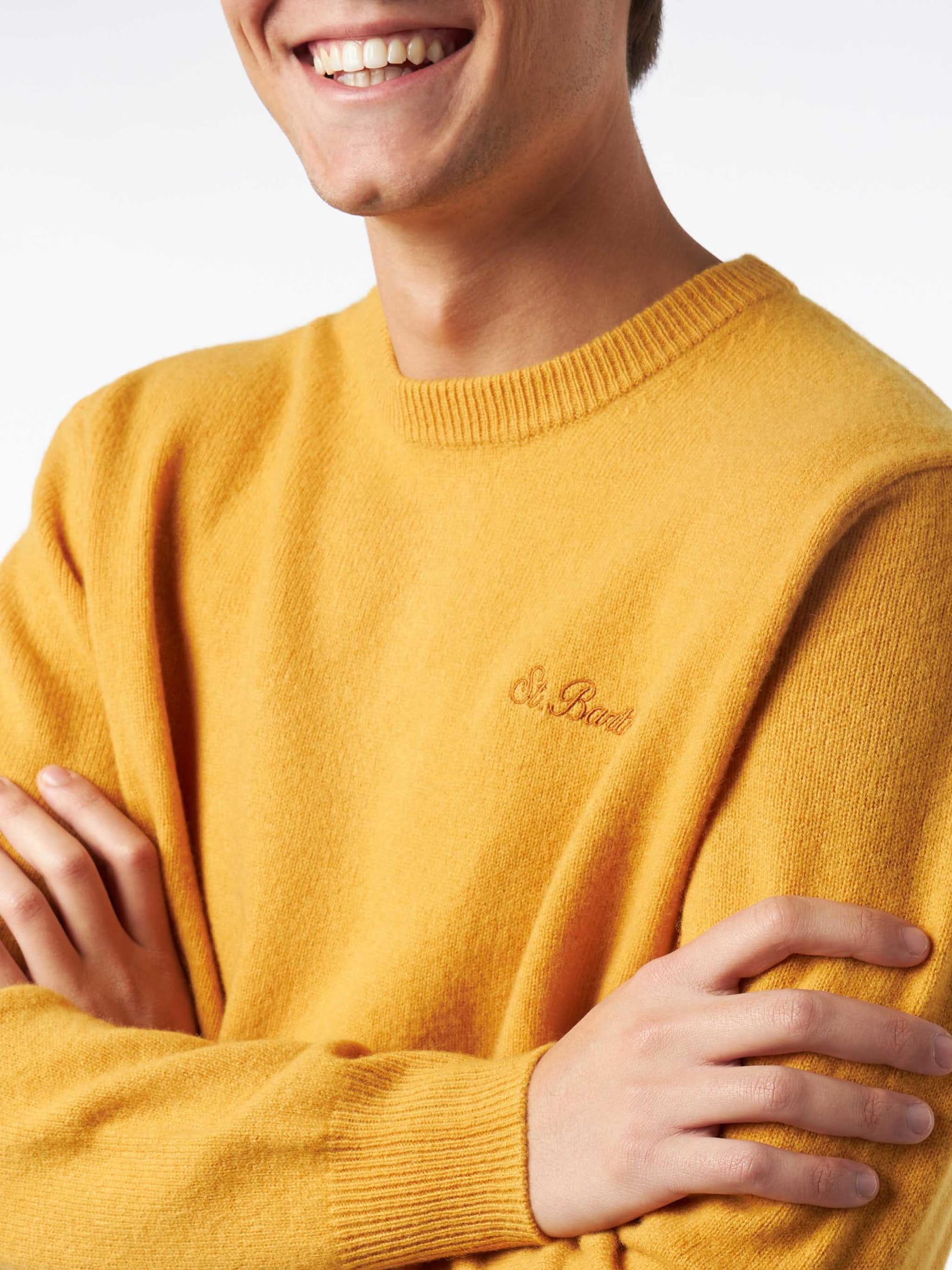 Mc2 Saint Barth Man Crewneck Ochre Yellow Sweater With St. Barth Embroidery In Yellow