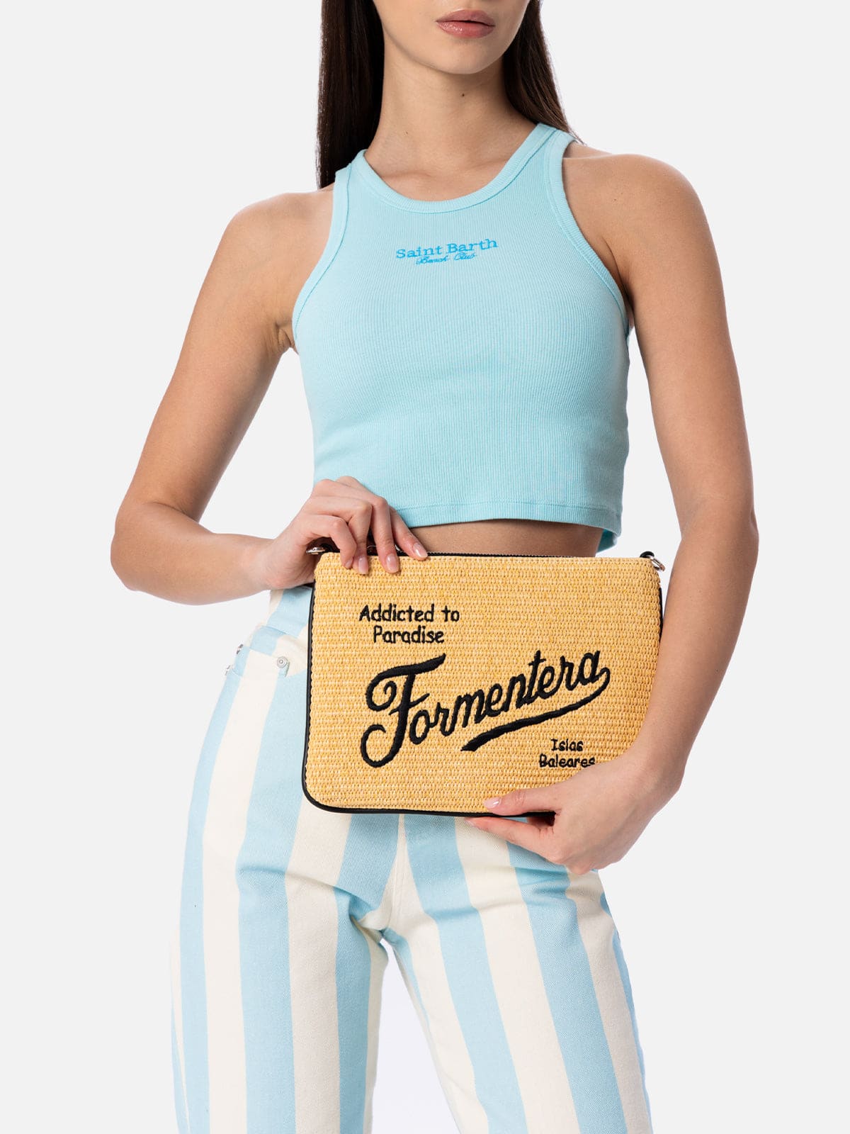 Mc2 Saint Barth Parisienne Straw Pochette With Formentera Embroidery In Beige