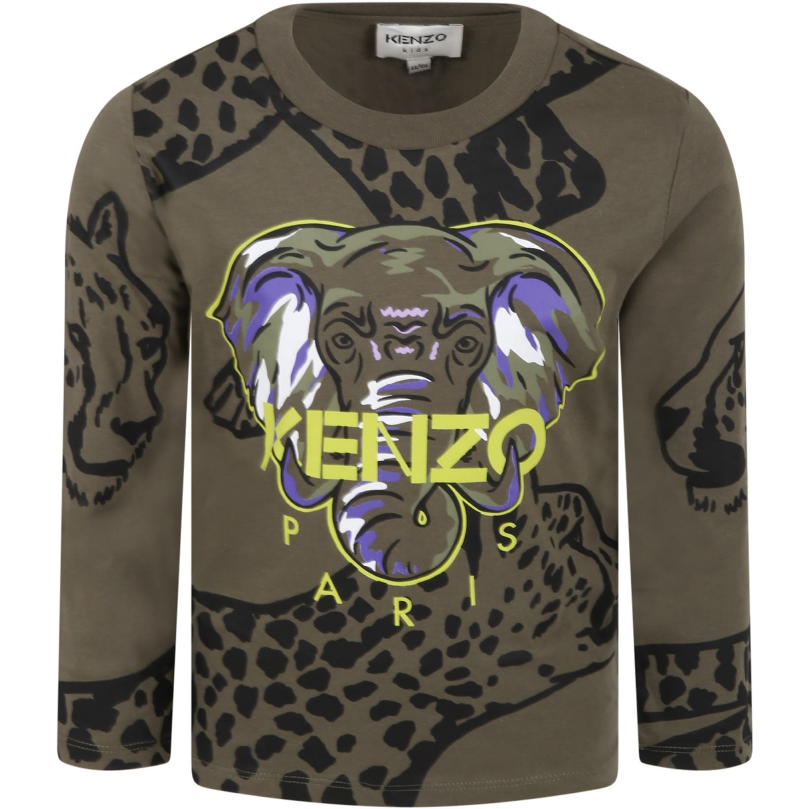 Kenzo Kids Military Green T-shirt For Boy With Elephant