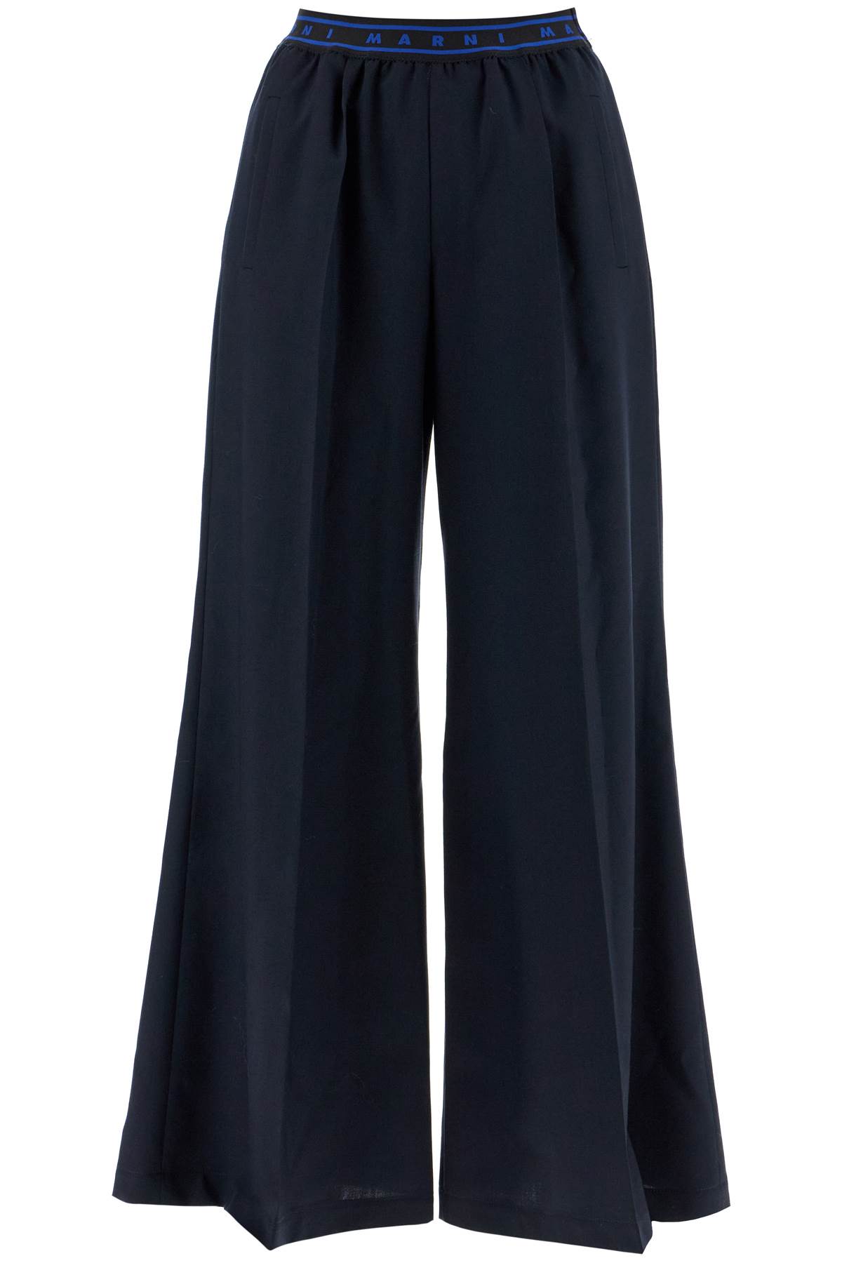 Shop Marni Tropical Wool Palazzo Pants For In Blublack (blue)