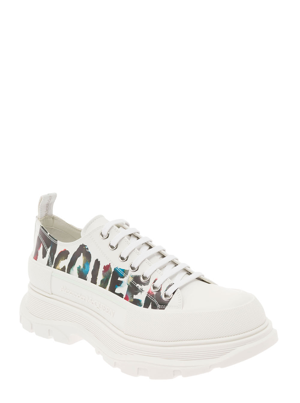 Shop Alexander Mcqueen White Tread Slick Sneakers With Graffiti Logo Print In Calf Leather