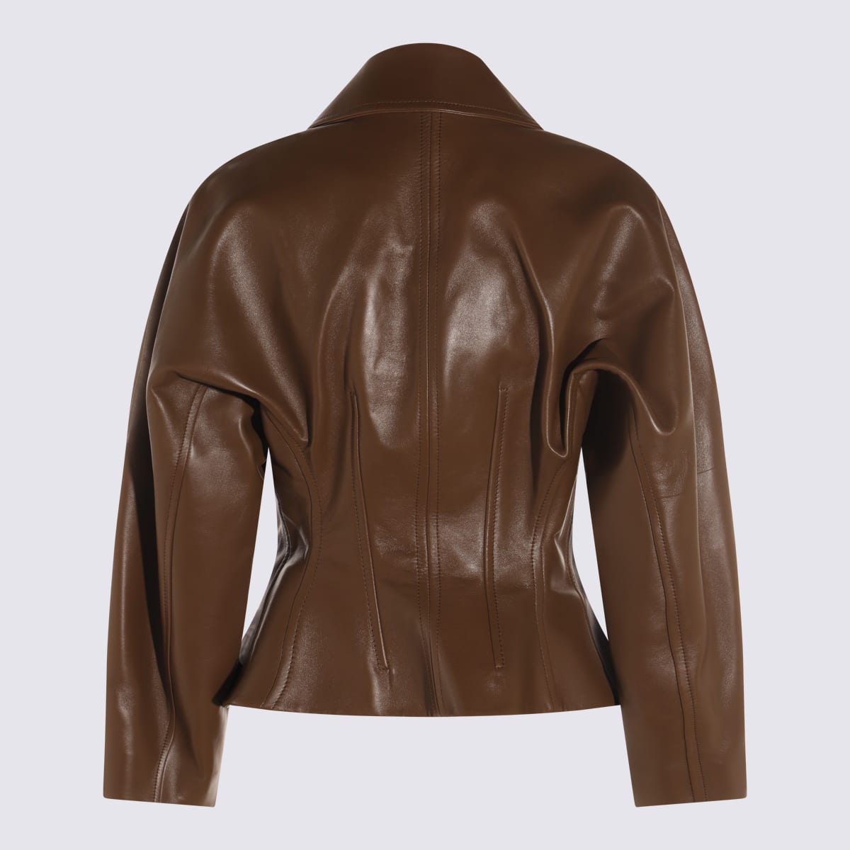 Bottega Veneta Womens Dark Moss Cinched-waist Flared-hem Leather Jacket In Brown