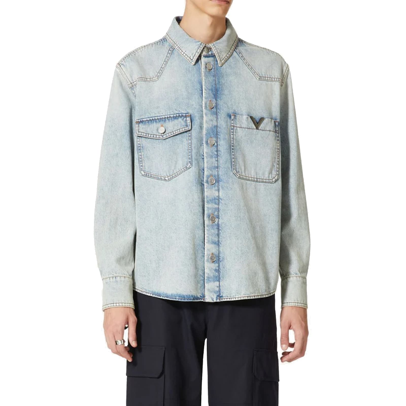 Shop Valentino Cotton Denim Shirt In Blue