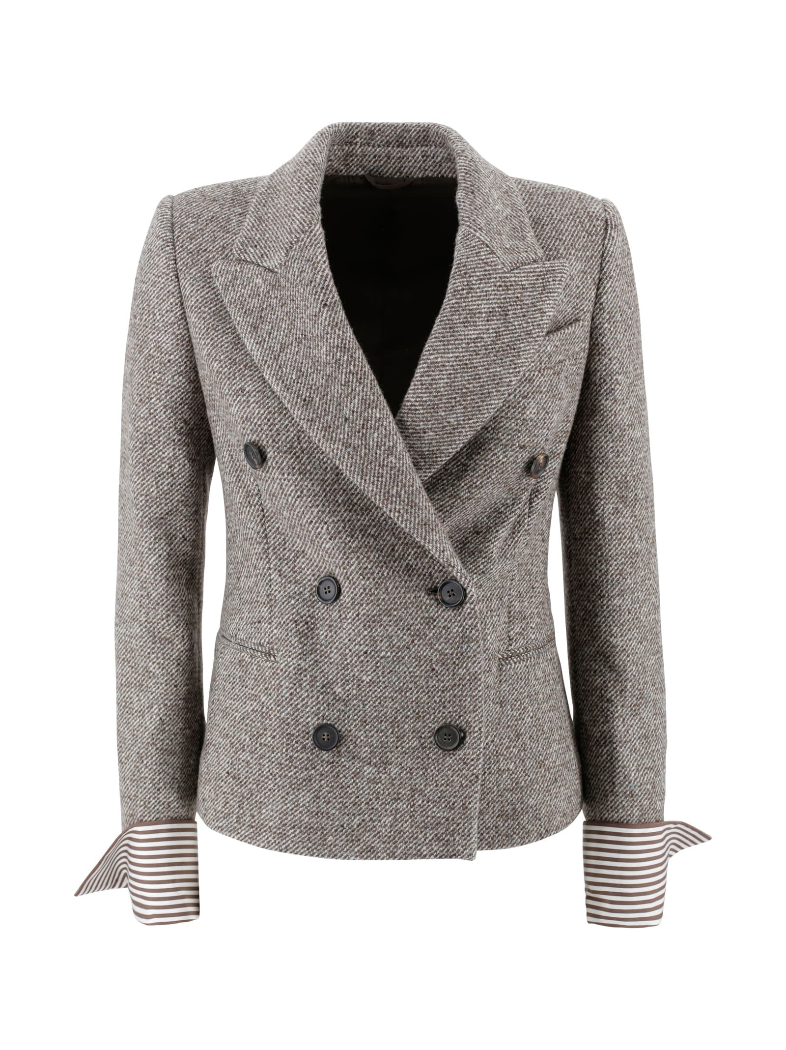 Brunello Cucinelli Tweed Double-breasted Blazer Featuring Side Pockets In Brown