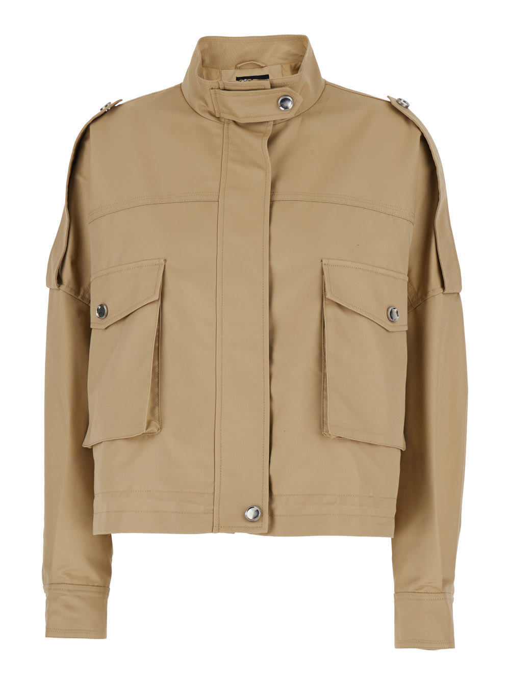 Pinko Beige Jacket With High Collar And Flap Pockets On The Front In Cotton Blend Woman