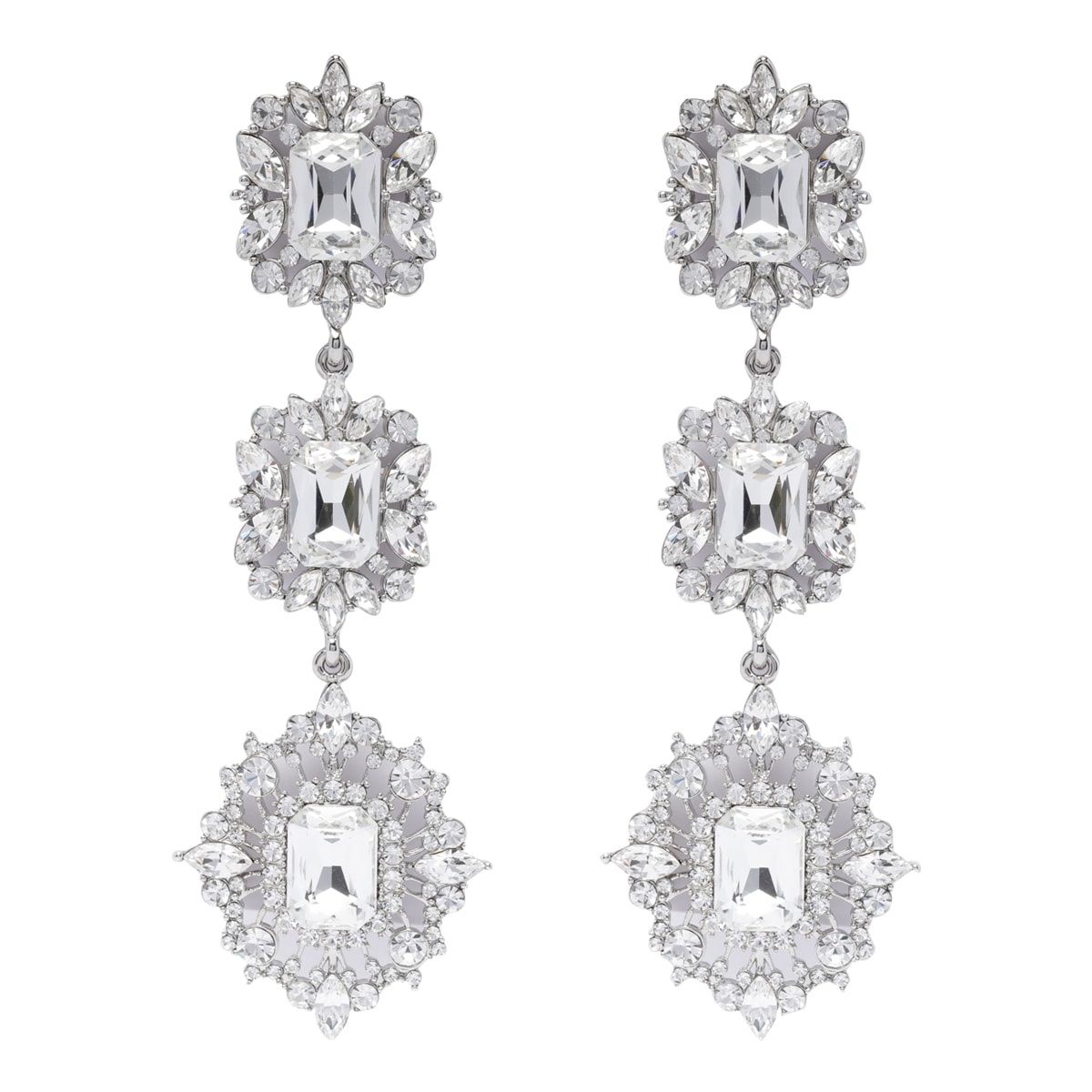 Shop Self-portrait Crystal Tiered Earrings In Silver